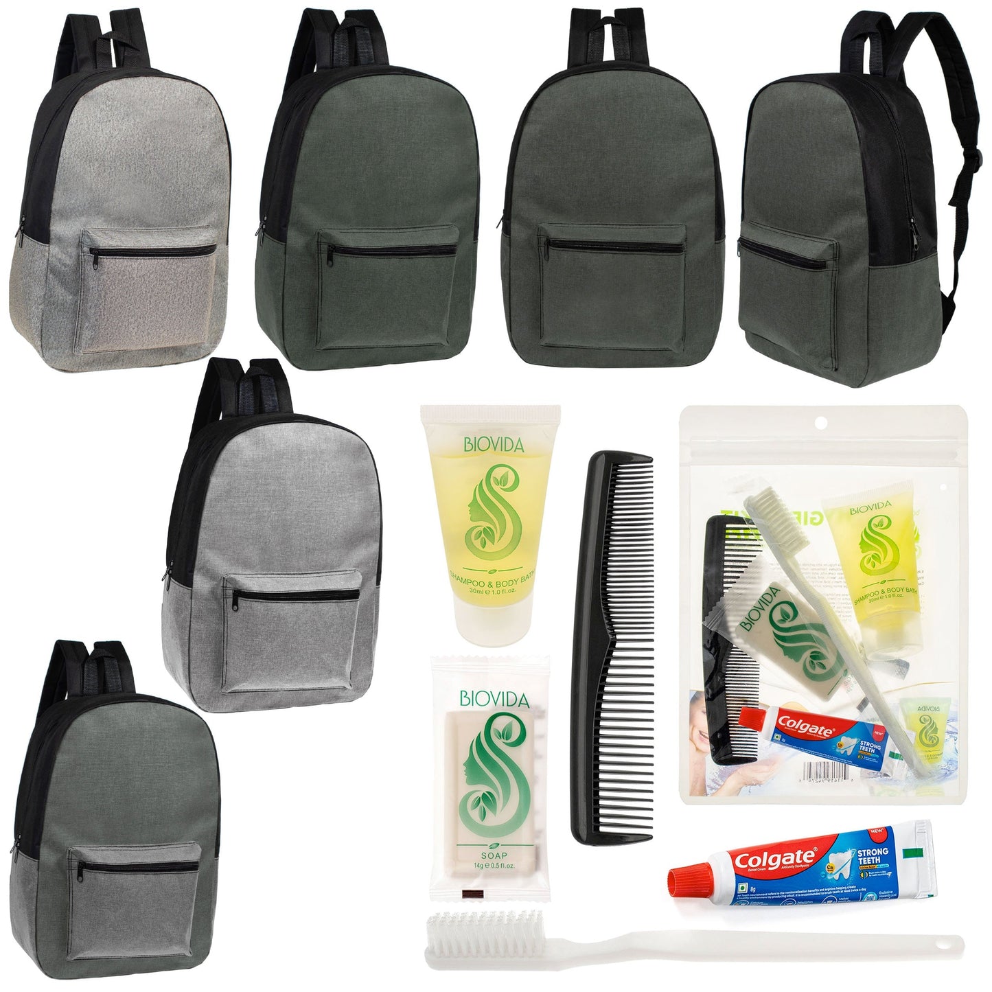 12 Basic Unisex 17 'Rucksäcke in 4 Farben und Ihre Wahl von 12 Bulk Hygiene Kits - Wholesale PFLEGE Package: Obdachlos, Notfall, Wohltätigkeit