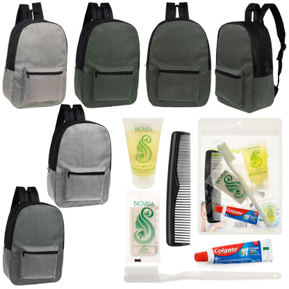 12 Basic Unisex 17 'Rucksäcke in 4 Farben und Ihre Wahl von 12 Bulk Hygiene Kits - Wholesale PFLEGE Package: Obdachlos, Notfall, Wohltätigkeit