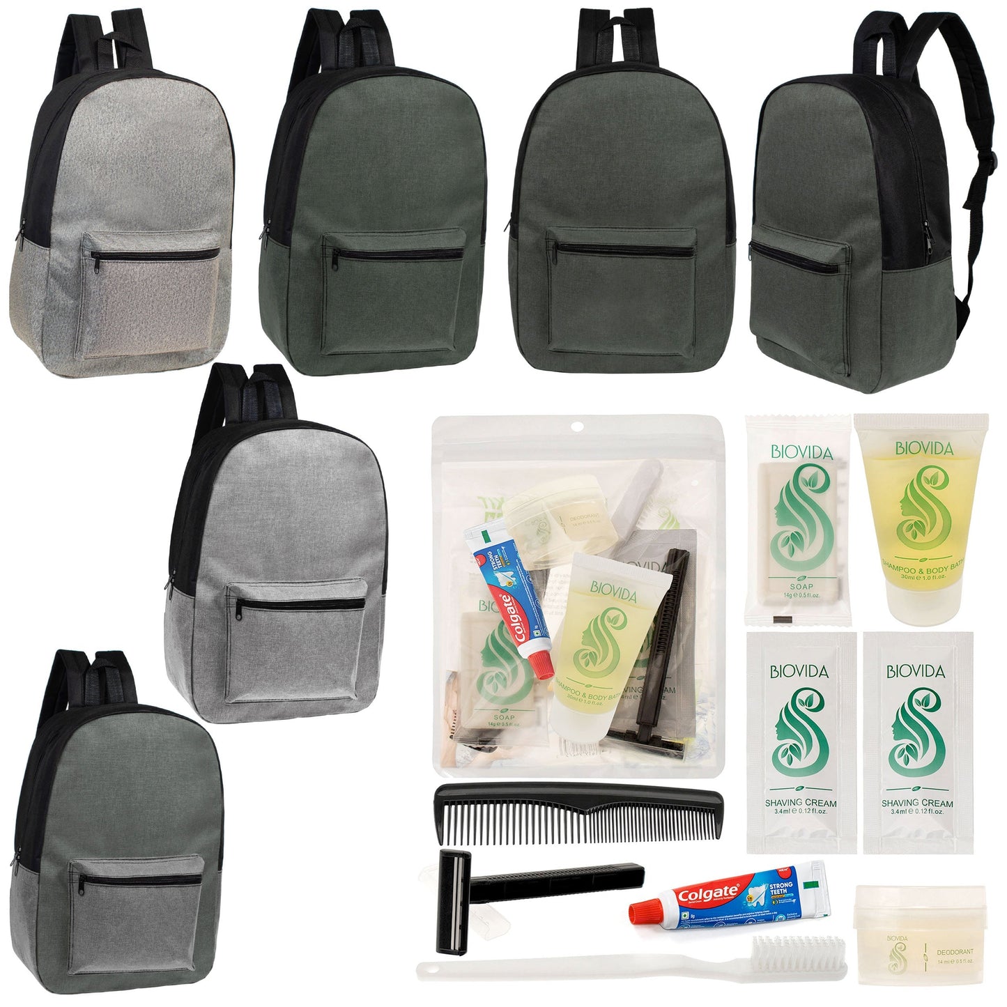12 Basic Unisex 17 'Rucksäcke in 4 Farben und Ihre Wahl von 12 Bulk Hygiene Kits - Wholesale PFLEGE Package: Obdachlos, Notfall, Wohltätigkeit