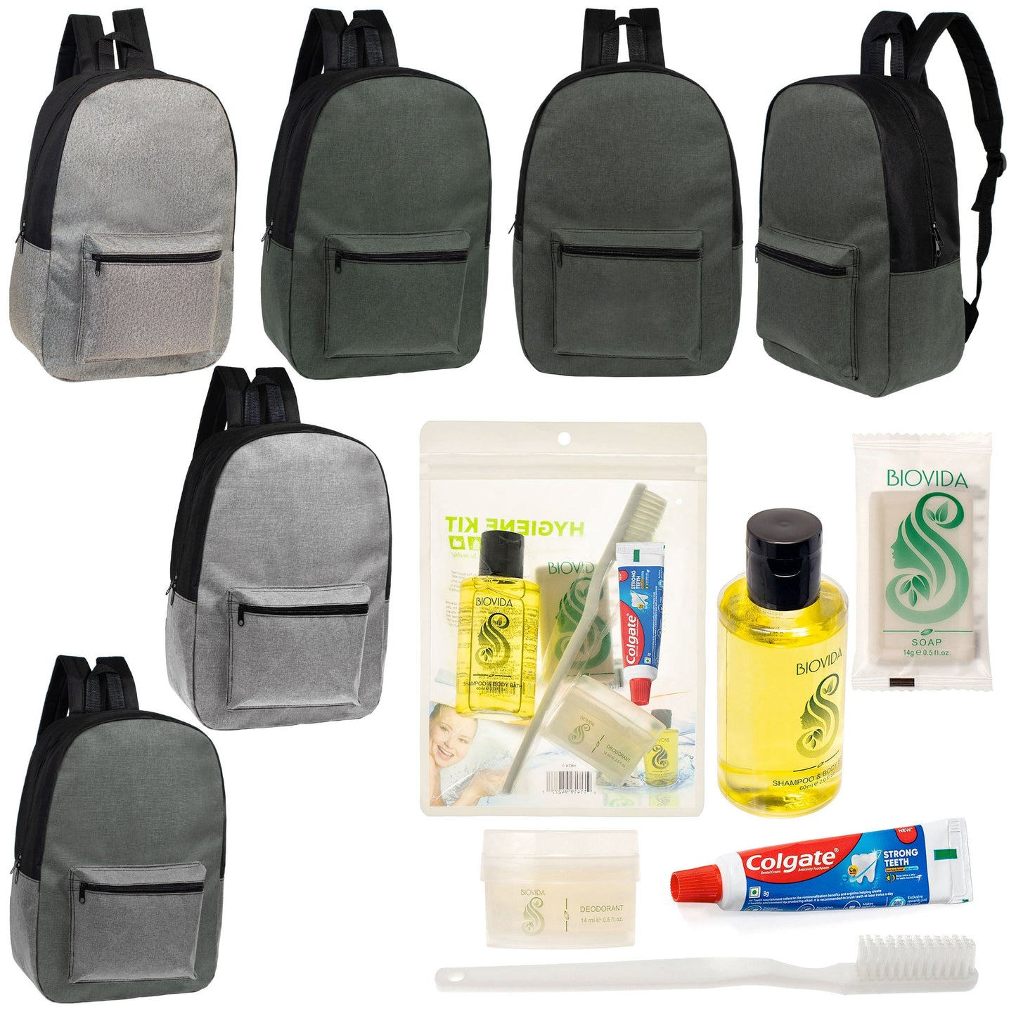 12 Basic Unisex 17 'Rucksäcke in 4 Farben und Ihre Wahl von 12 Bulk Hygiene Kits - Wholesale PFLEGE Package: Obdachlos, Notfall, Wohltätigkeit