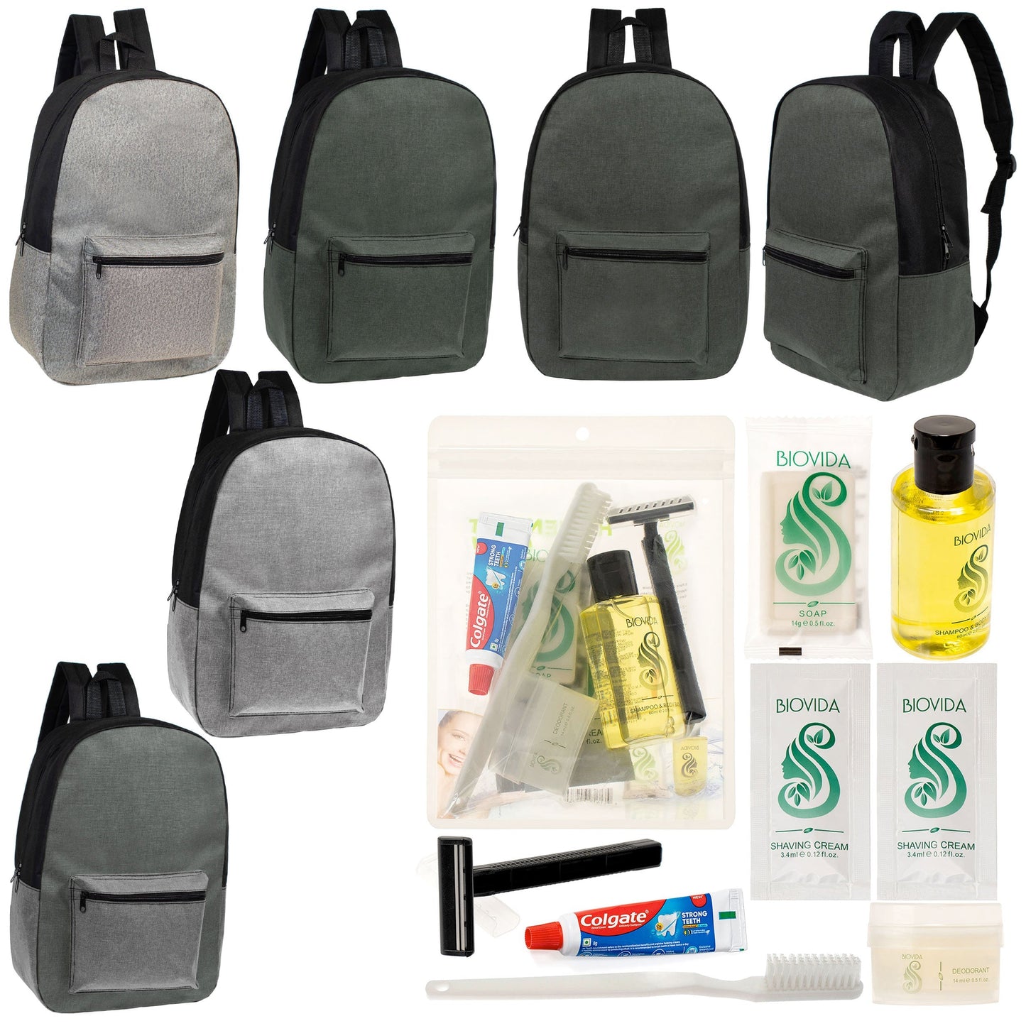 12 Basic Unisex 17 'Rucksäcke in 4 Farben und Ihre Wahl von 12 Bulk Hygiene Kits - Wholesale PFLEGE Package: Obdachlos, Notfall, Wohltätigkeit