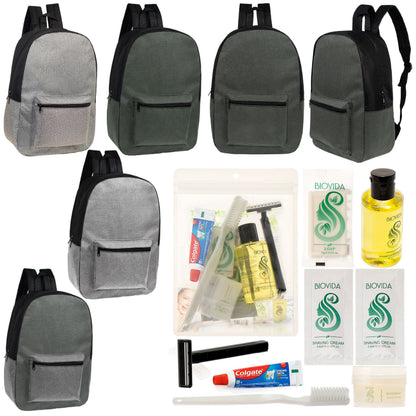 12 Basic Unisex 17 'Rucksäcke in 4 Farben und Ihre Wahl von 12 Bulk Hygiene Kits - Wholesale PFLEGE Package: Obdachlos, Notfall, Wohltätigkeit