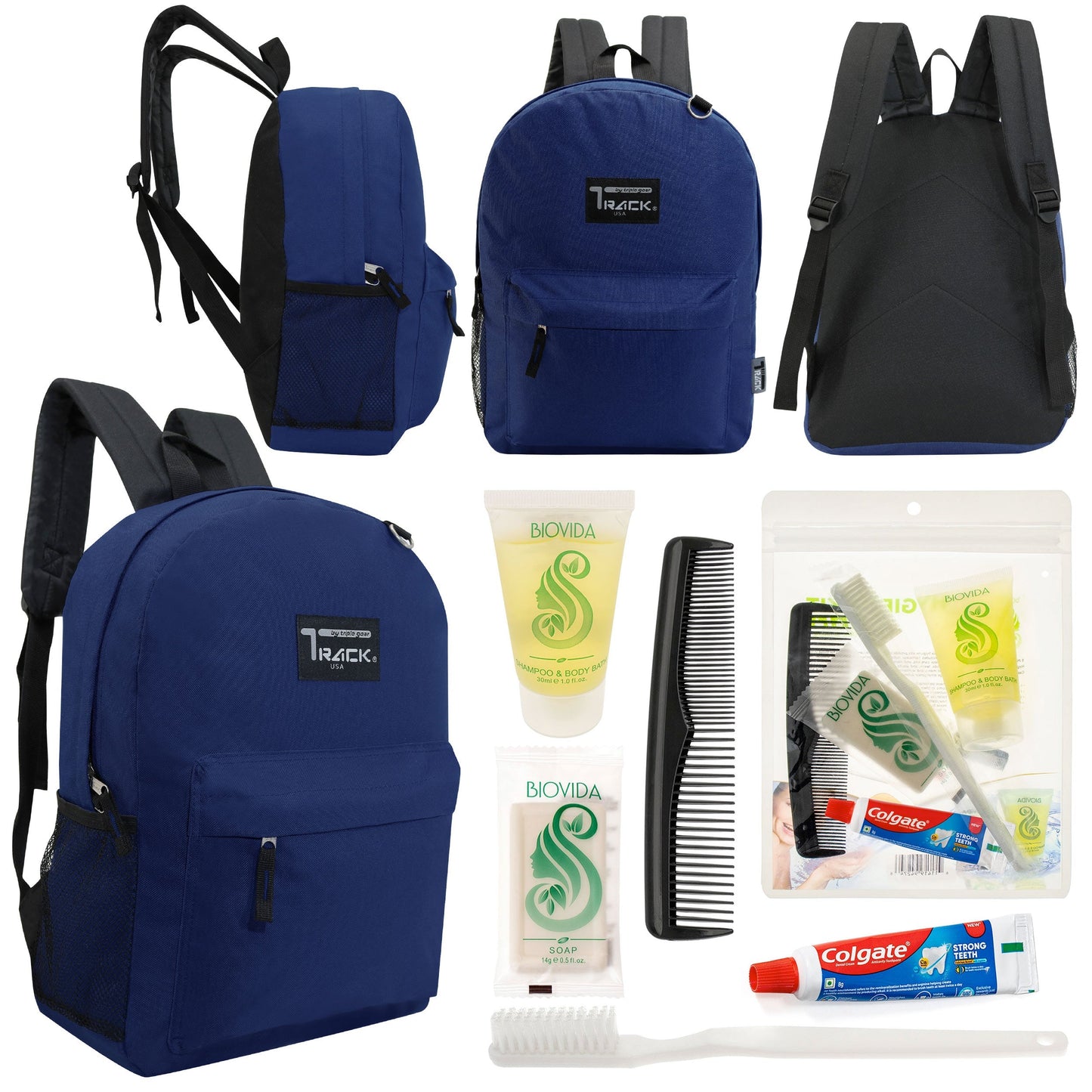 12 klassische 17 'Rucksäcke in Marineblau Blau & Ihre Wahl von 12 Bulk Hygiene Kits - Wholesale PFLEGE Package: Obdachlos, Notfall, Wohltätigkeit
