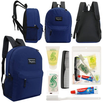 12 klassische 17 'Rucksäcke in Marineblau Blau & Ihre Wahl von 12 Bulk Hygiene Kits - Wholesale PFLEGE Package: Obdachlos, Notfall, Wohltätigkeit