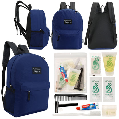 12 klassische 17 'Rucksäcke in Marineblau Blau & Ihre Wahl von 12 Bulk Hygiene Kits - Wholesale PFLEGE Package: Obdachlos, Notfall, Wohltätigkeit