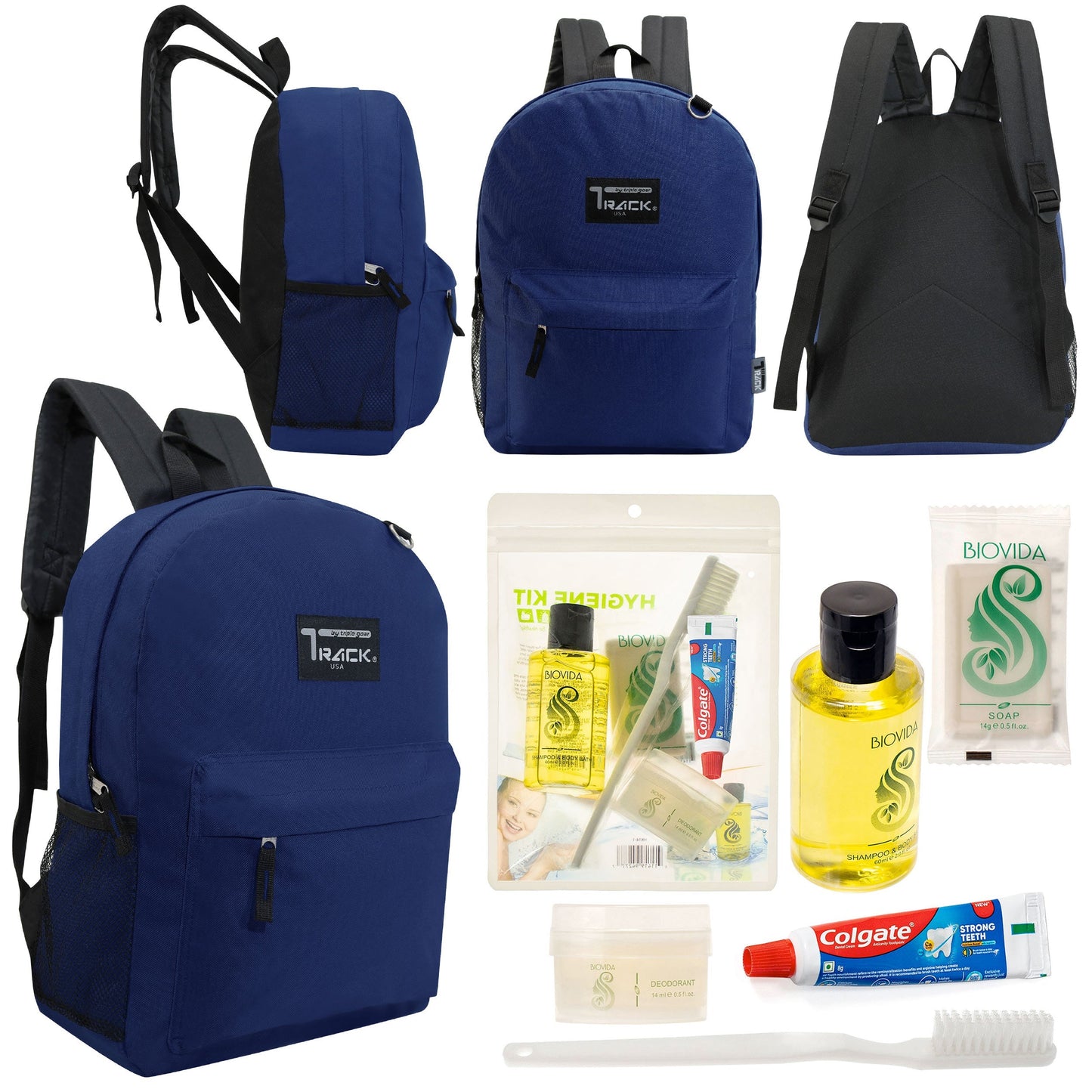 12 klassische 17 'Rucksäcke in Marineblau Blau & Ihre Wahl von 12 Bulk Hygiene Kits - Wholesale PFLEGE Package: Obdachlos, Notfall, Wohltätigkeit