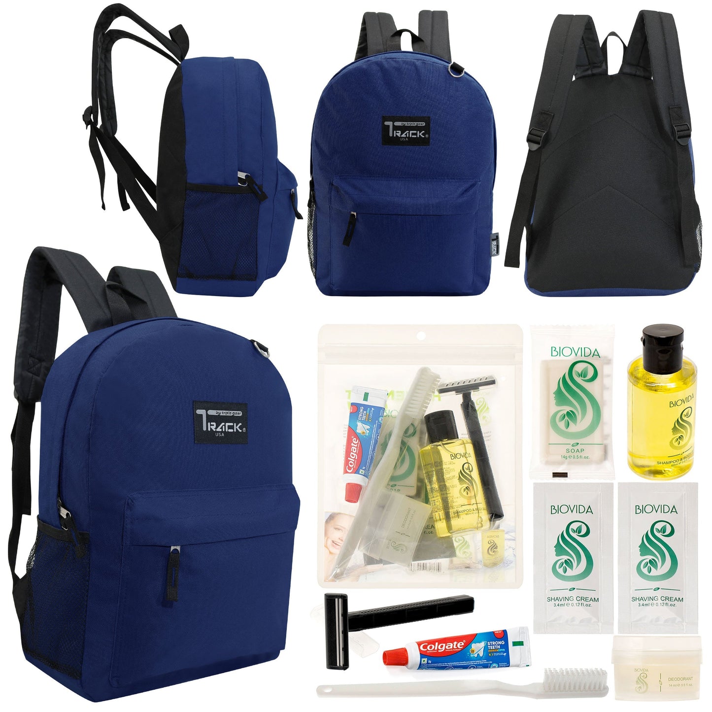12 klassische 17 'Rucksäcke in Marineblau Blau & Ihre Wahl von 12 Bulk Hygiene Kits - Wholesale PFLEGE Package: Obdachlos, Notfall, Wohltätigkeit
