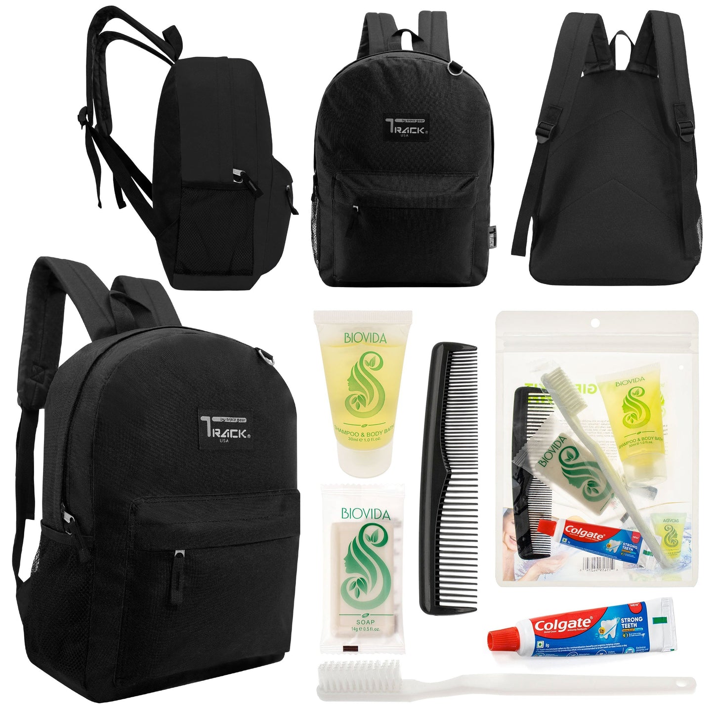 12 klassische 17 'Rucksäcke in Schwarz & Ihre Wahl von 12 Bulk Hygiene Kits - Wholesale PFLEGE Package: Obdachlos, Notfall, Wohltätigkeit