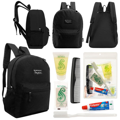 12 klassische 17 'Rucksäcke in Schwarz & Ihre Wahl von 12 Bulk Hygiene Kits - Wholesale PFLEGE Package: Obdachlos, Notfall, Wohltätigkeit