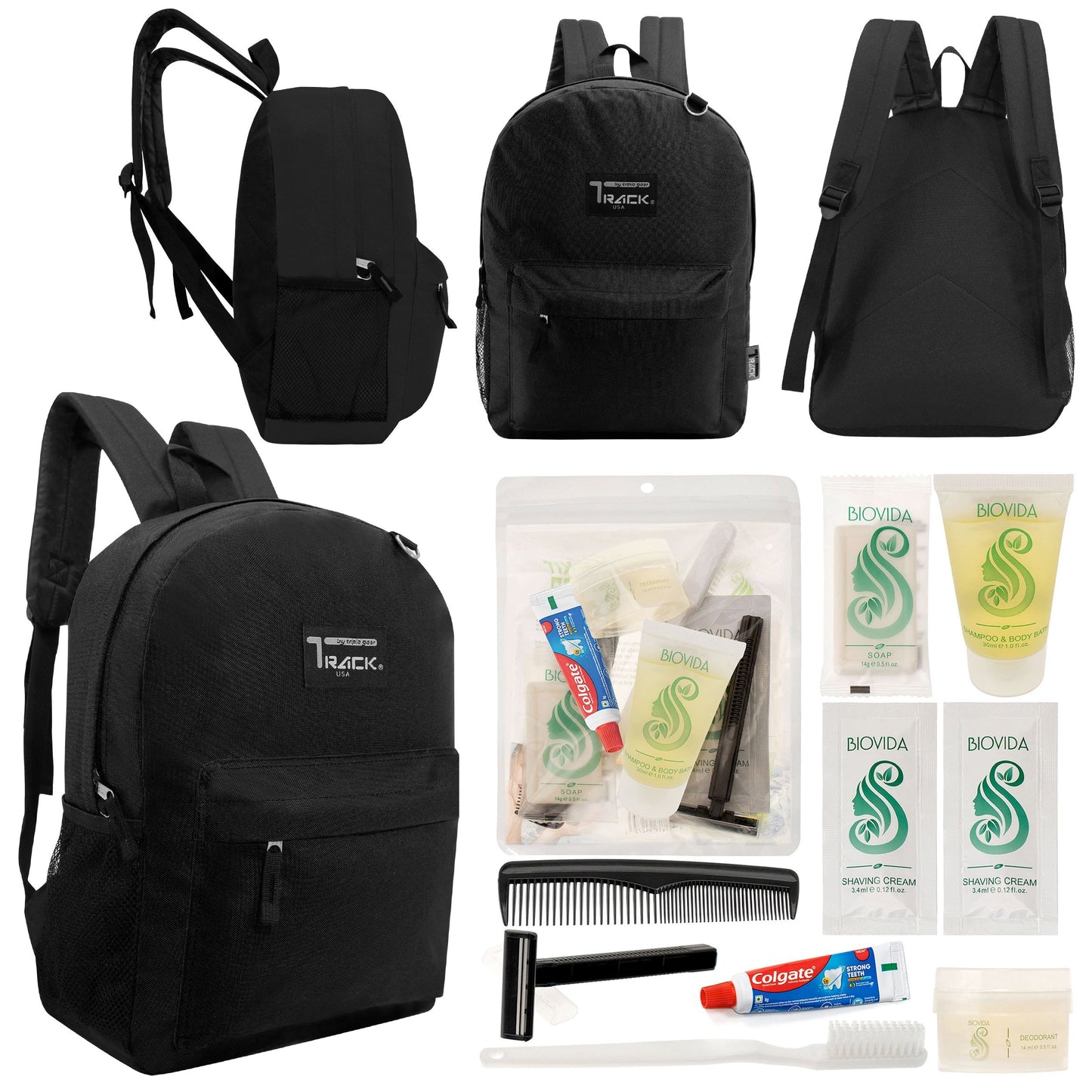 12 klassische 17 'Rucksäcke in Schwarz & Ihre Wahl von 12 Bulk Hygiene Kits - Wholesale PFLEGE Package: Obdachlos, Notfall, Wohltätigkeit