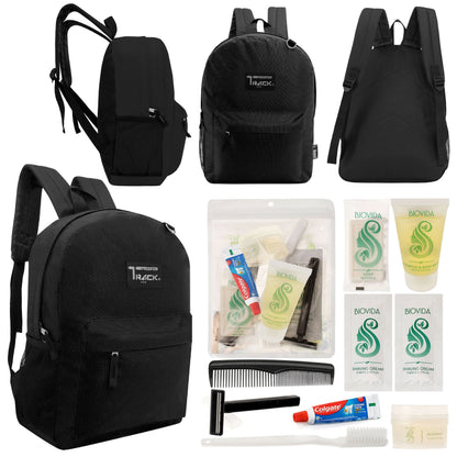 12 klassische 17 'Rucksäcke in Schwarz & Ihre Wahl von 12 Bulk Hygiene Kits - Wholesale PFLEGE Package: Obdachlos, Notfall, Wohltätigkeit