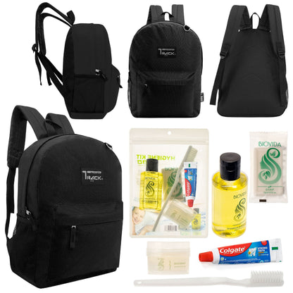 12 klassische 17 'Rucksäcke in Schwarz & Ihre Wahl von 12 Bulk Hygiene Kits - Wholesale PFLEGE Package: Obdachlos, Notfall, Wohltätigkeit