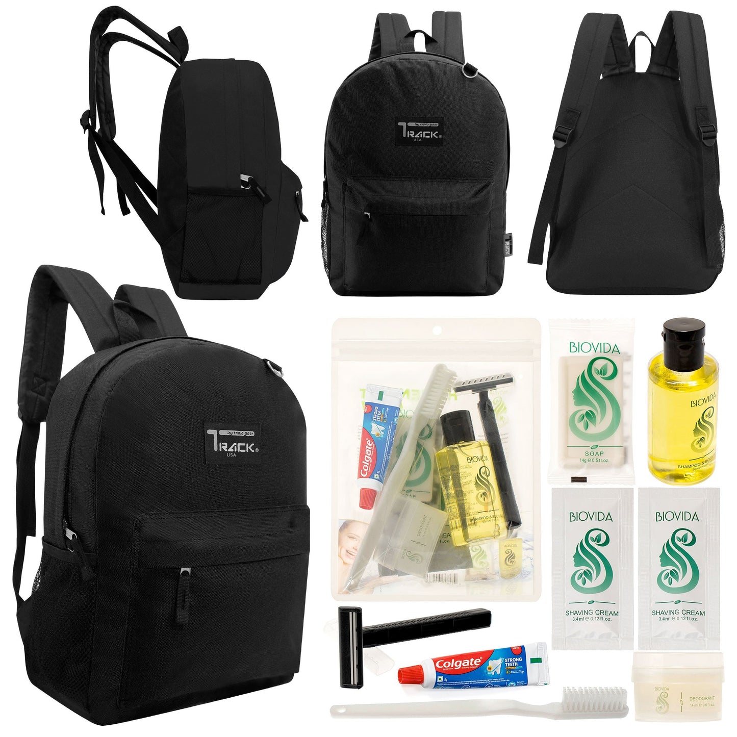 12 klassische 17 'Rucksäcke in Schwarz & Ihre Wahl von 12 Bulk Hygiene Kits - Wholesale PFLEGE Package: Obdachlos, Notfall, Wohltätigkeit
