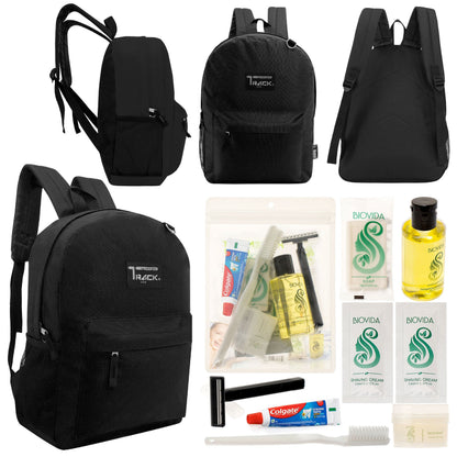 12 klassische 17 'Rucksäcke in Schwarz & Ihre Wahl von 12 Bulk Hygiene Kits - Wholesale PFLEGE Package: Obdachlos, Notfall, Wohltätigkeit