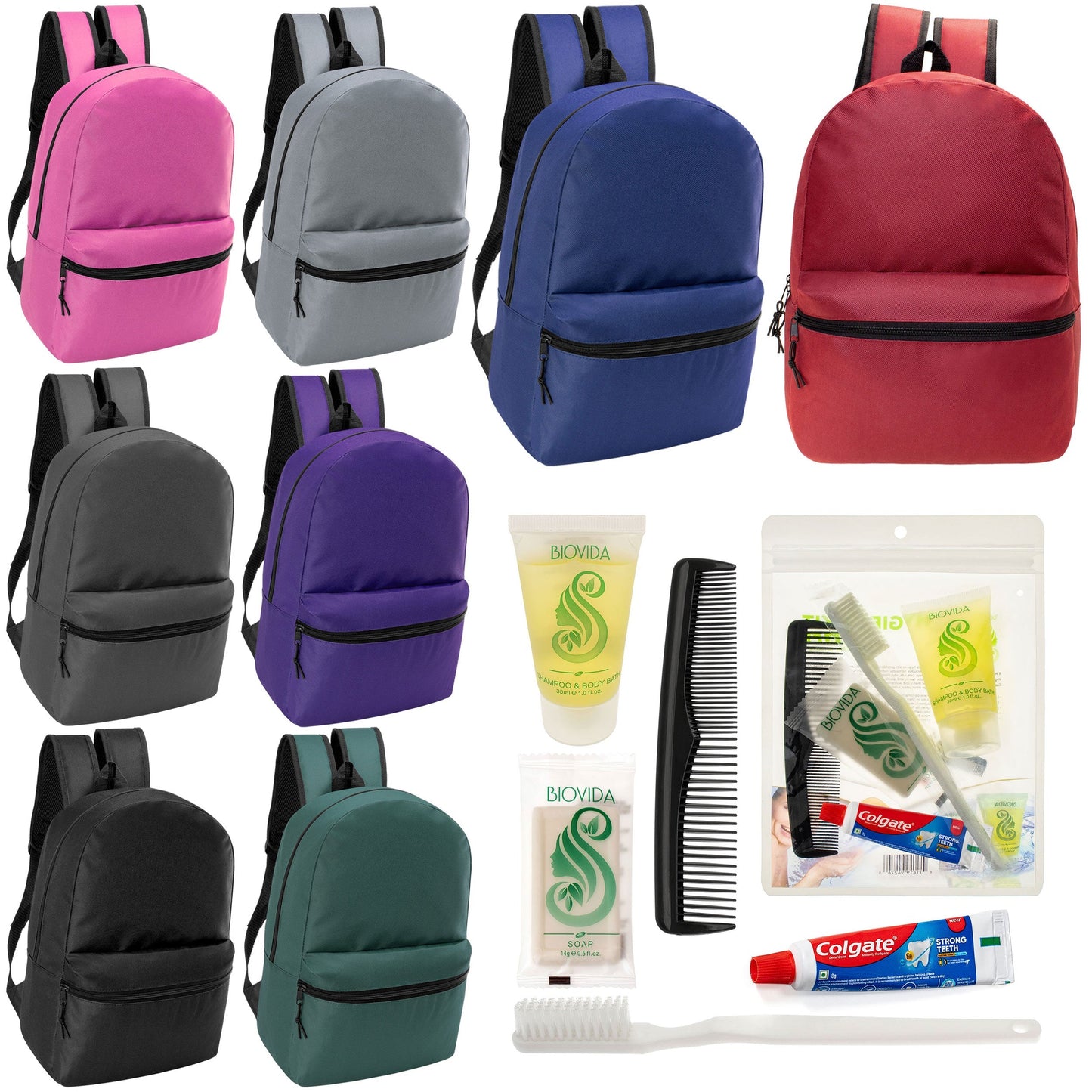 12 klassische 17 'Rucksäcke in 8 verschiedenen Farben & Ihre Wahl von 12 Bulk Hygiene Kits - Wholesale PFLEGE Package: Obdachlos, Notfall, Wohltätigkeit