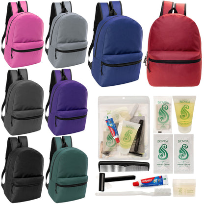 12 klassische 17 'Rucksäcke in 8 verschiedenen Farben & Ihre Wahl von 12 Bulk Hygiene Kits - Wholesale PFLEGE Package: Obdachlos, Notfall, Wohltätigkeit