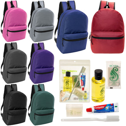 12 klassische 17 'Rucksäcke in 8 verschiedenen Farben & Ihre Wahl von 12 Bulk Hygiene Kits - Wholesale PFLEGE Package: Obdachlos, Notfall, Wohltätigkeit