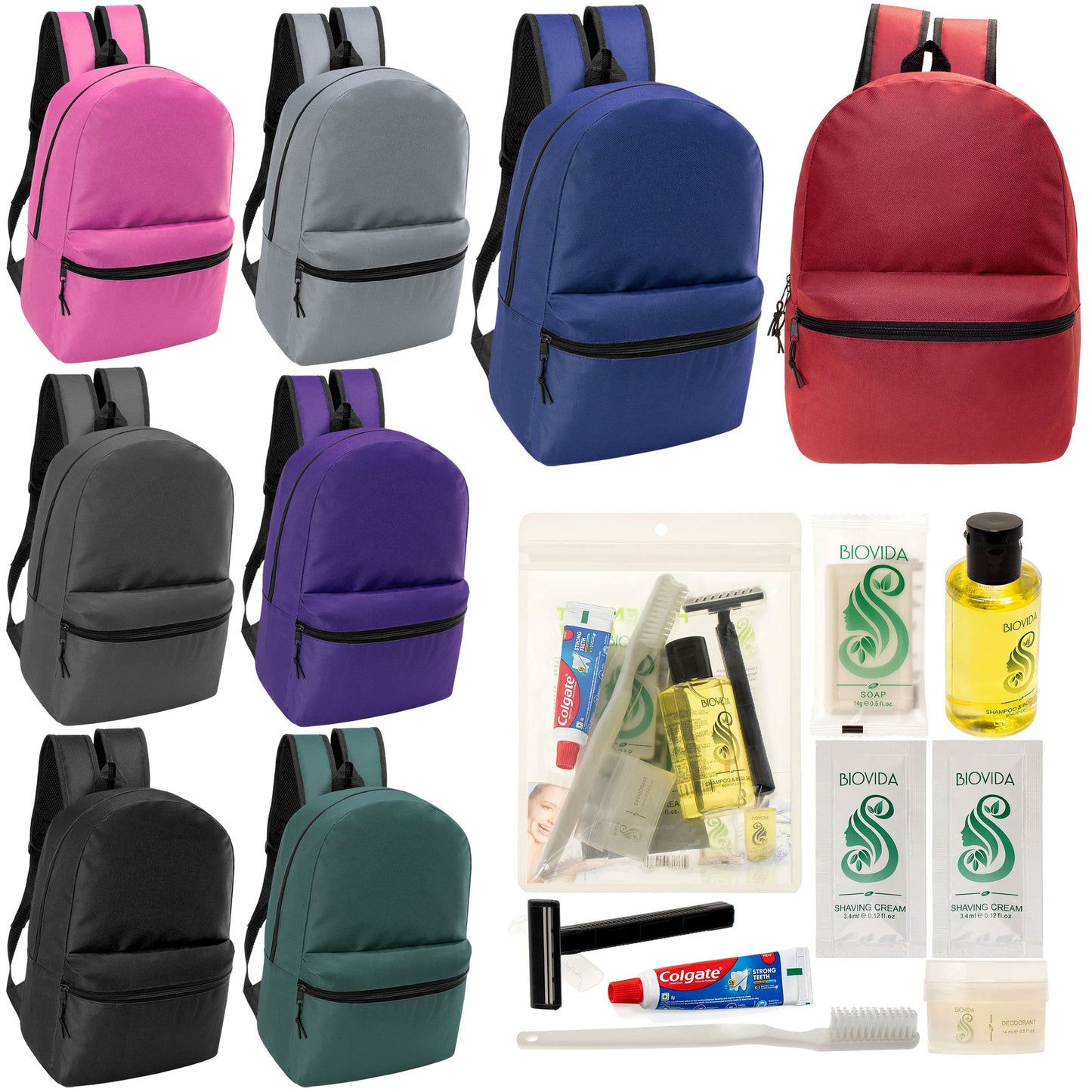 12 klassische 17 'Rucksäcke in 8 verschiedenen Farben & Ihre Wahl von 12 Bulk Hygiene Kits - Wholesale PFLEGE Package: Obdachlos, Notfall, Wohltätigkeit