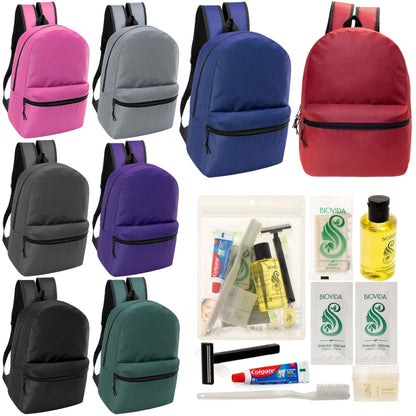 12 klassische 17 'Rucksäcke in 8 verschiedenen Farben & Ihre Wahl von 12 Bulk Hygiene Kits - Wholesale PFLEGE Package: Obdachlos, Notfall, Wohltätigkeit