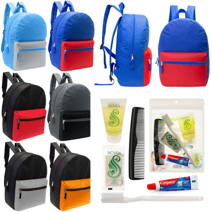 12 17 'Klassische Rucksäcke in 6 zwei Tonfarben & Ihre Wahl von 12 Bulk Hygiene Kits - Wholesale PFLEGE Package: Obdachlos, Notfall, Wohltätigkeit