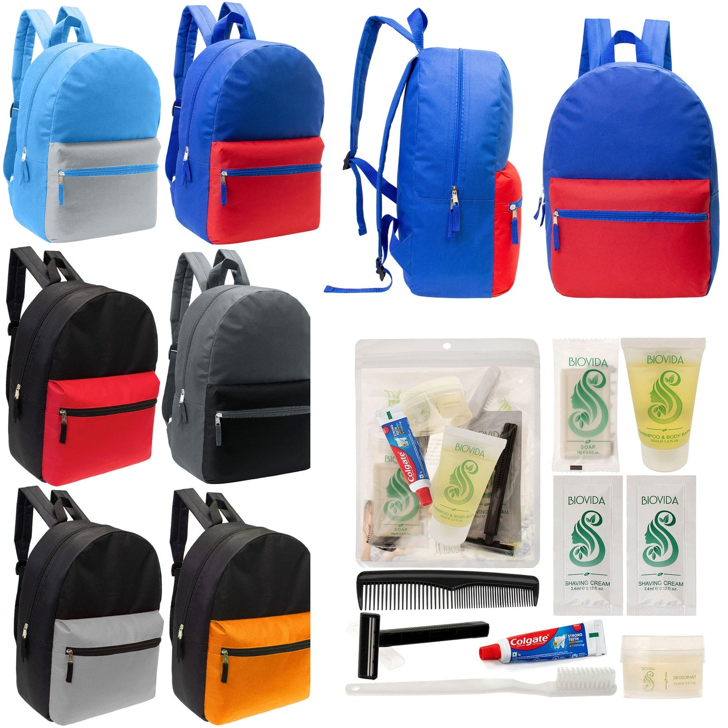 12 17 'Klassische Rucksäcke in 6 zwei Tonfarben & Ihre Wahl von 12 Bulk Hygiene Kits - Wholesale PFLEGE Package: Obdachlos, Notfall, Wohltätigkeit
