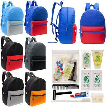 12 17 'Klassische Rucksäcke in 6 zwei Tonfarben & Ihre Wahl von 12 Bulk Hygiene Kits - Wholesale PFLEGE Package: Obdachlos, Notfall, Wohltätigkeit