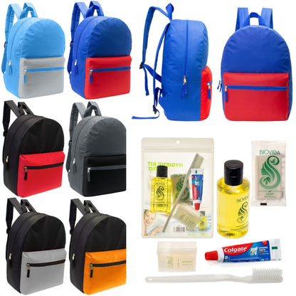 12 17 'Klassische Rucksäcke in 6 zwei Tonfarben & Ihre Wahl von 12 Bulk Hygiene Kits - Wholesale PFLEGE Package: Obdachlos, Notfall, Wohltätigkeit