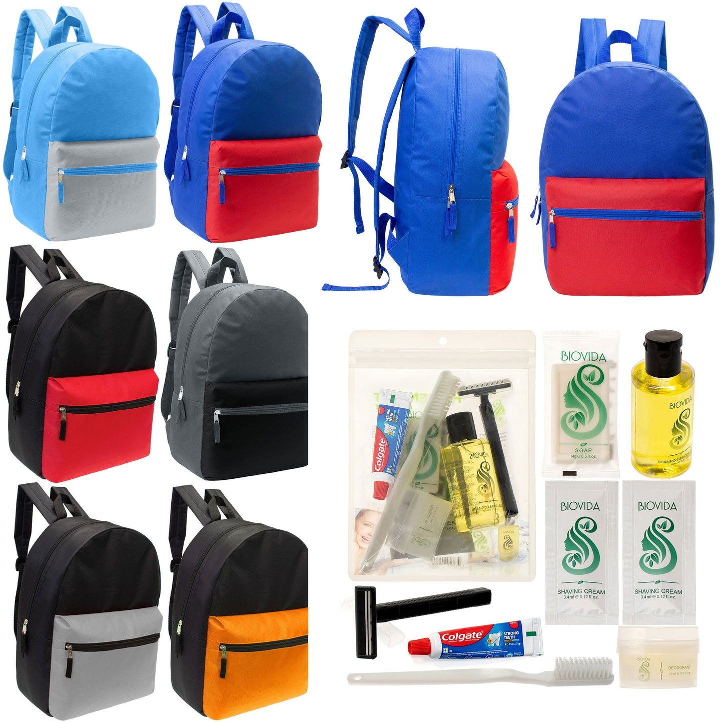 12 17 'Klassische Rucksäcke in 6 zwei Tonfarben & Ihre Wahl von 12 Bulk Hygiene Kits - Wholesale PFLEGE Package: Obdachlos, Notfall, Wohltätigkeit