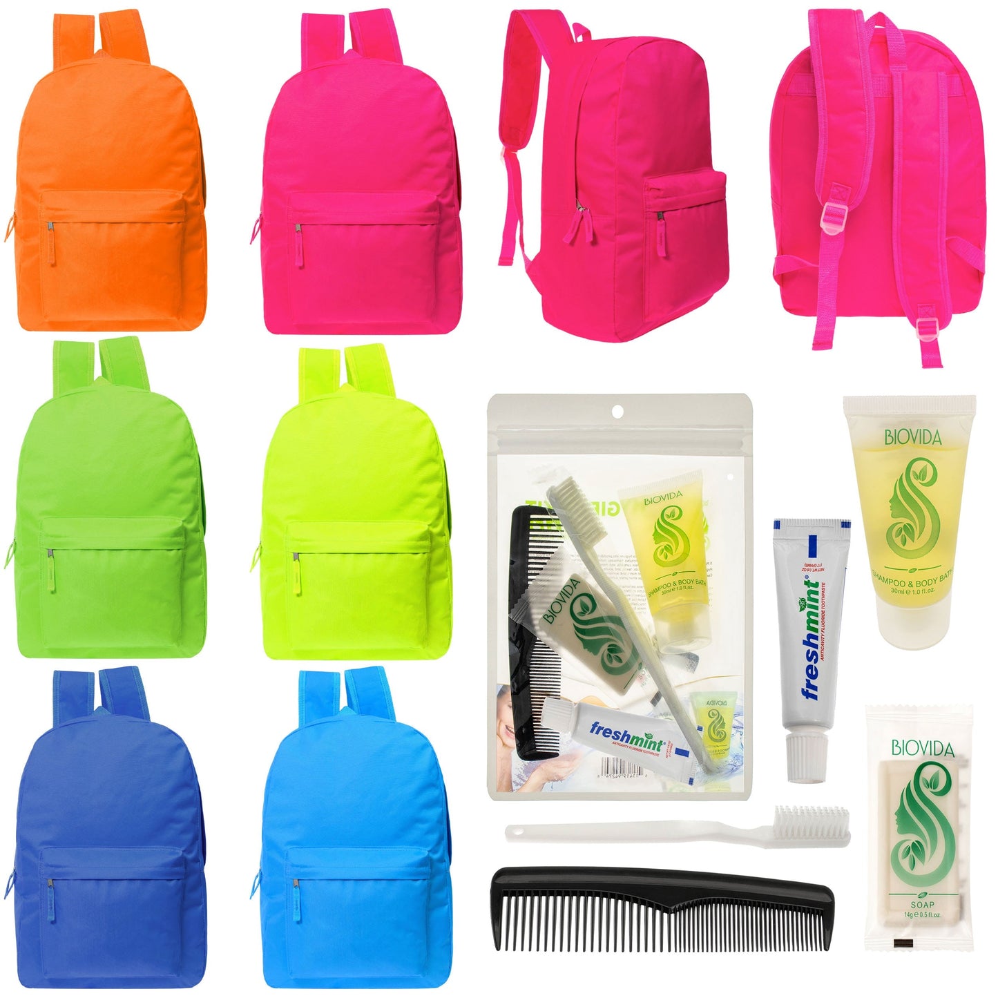 12 helle 17 'Rucksäcke in 6 Farben & Ihre Wahl von 12 Bulk Hygiene Kits - Wholesale PFLEGE Package: Obdachlos, Notfall, Wohltätigkeit