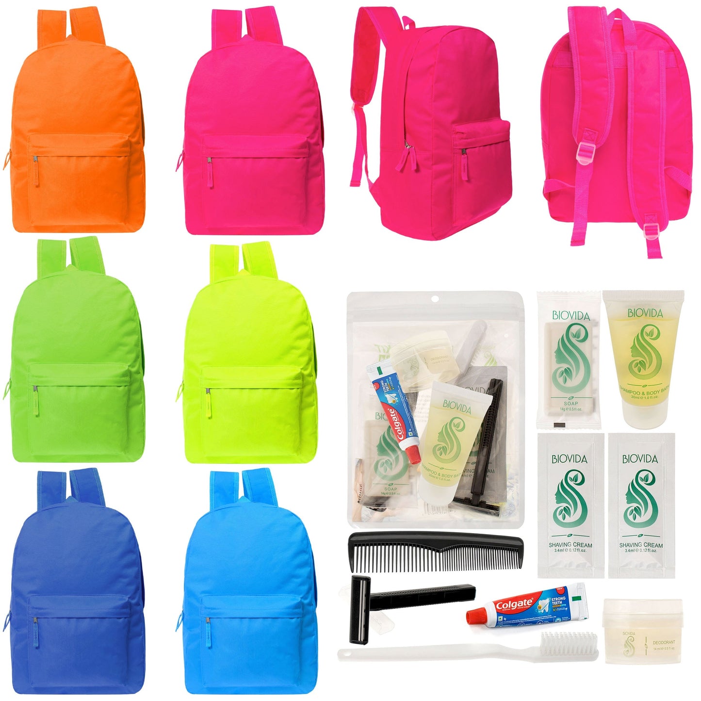 12 helle 17 'Rucksäcke in 6 Farben & Ihre Wahl von 12 Bulk Hygiene Kits - Wholesale PFLEGE Package: Obdachlos, Notfall, Wohltätigkeit