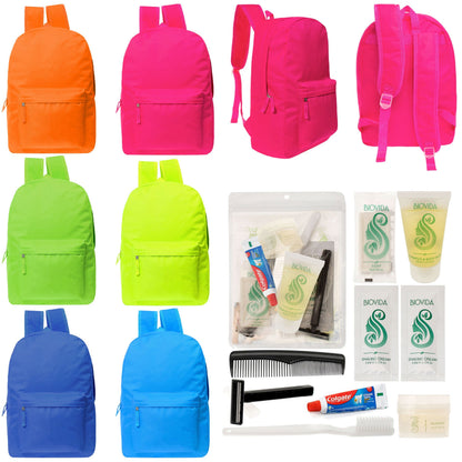 12 helle 17 'Rucksäcke in 6 Farben & Ihre Wahl von 12 Bulk Hygiene Kits - Wholesale PFLEGE Package: Obdachlos, Notfall, Wohltätigkeit