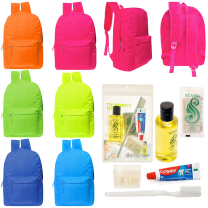 12 helle 17 'Rucksäcke in 6 Farben & Ihre Wahl von 12 Bulk Hygiene Kits - Wholesale PFLEGE Package: Obdachlos, Notfall, Wohltätigkeit