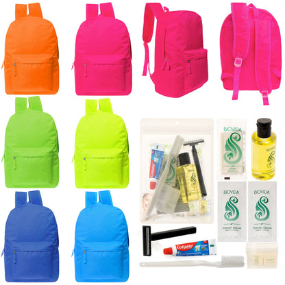 12 helle 17 'Rucksäcke in 6 Farben & Ihre Wahl von 12 Bulk Hygiene Kits - Wholesale PFLEGE Package: Obdachlos, Notfall, Wohltätigkeit