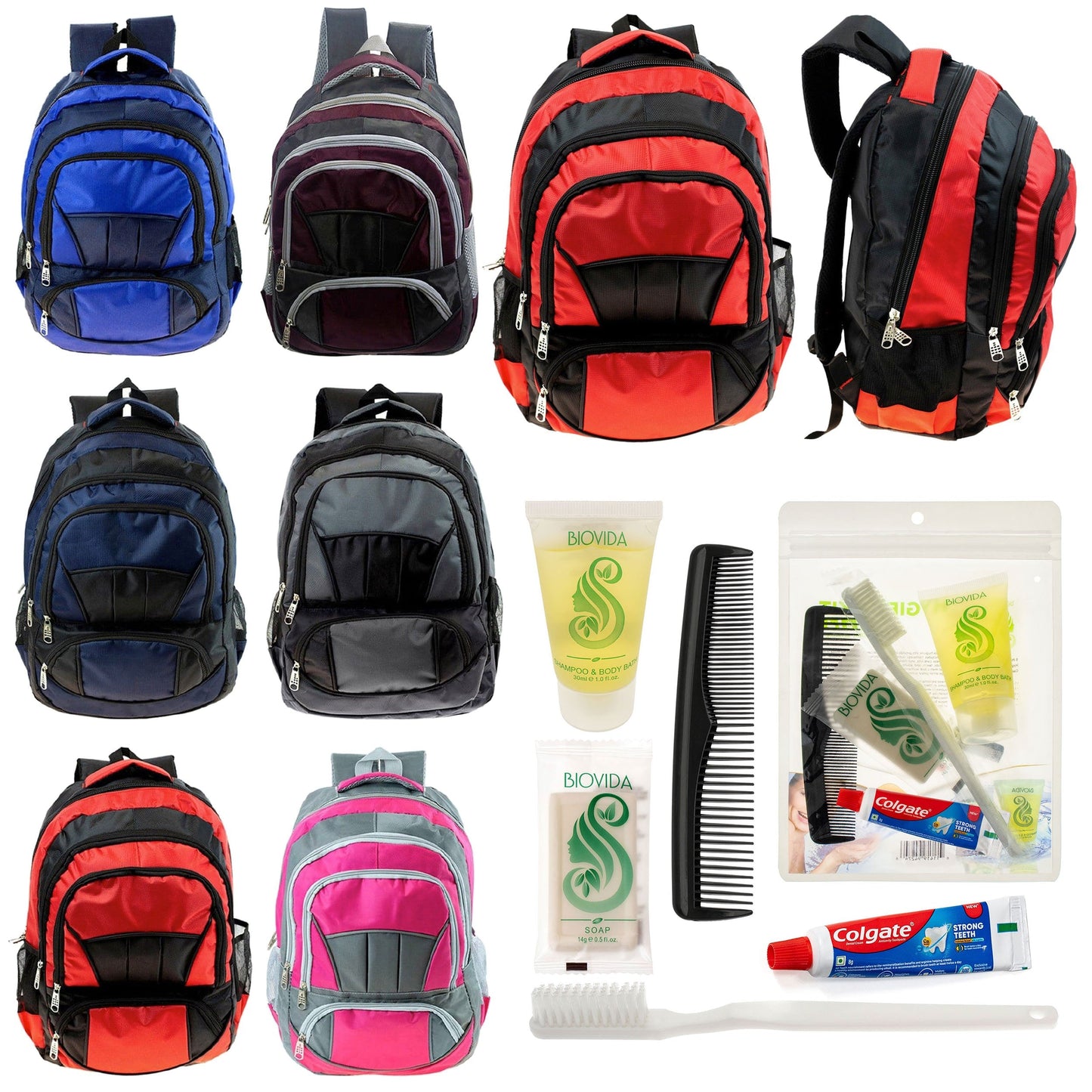 12 Premium 16 'Voll gepolsterte Rucksäcke & Ihre Wahl von 12 Bulk Hygiene Kits - Wholesale PFLEGE Package: Obdachlos, Notfall, Wohltätigkeit
