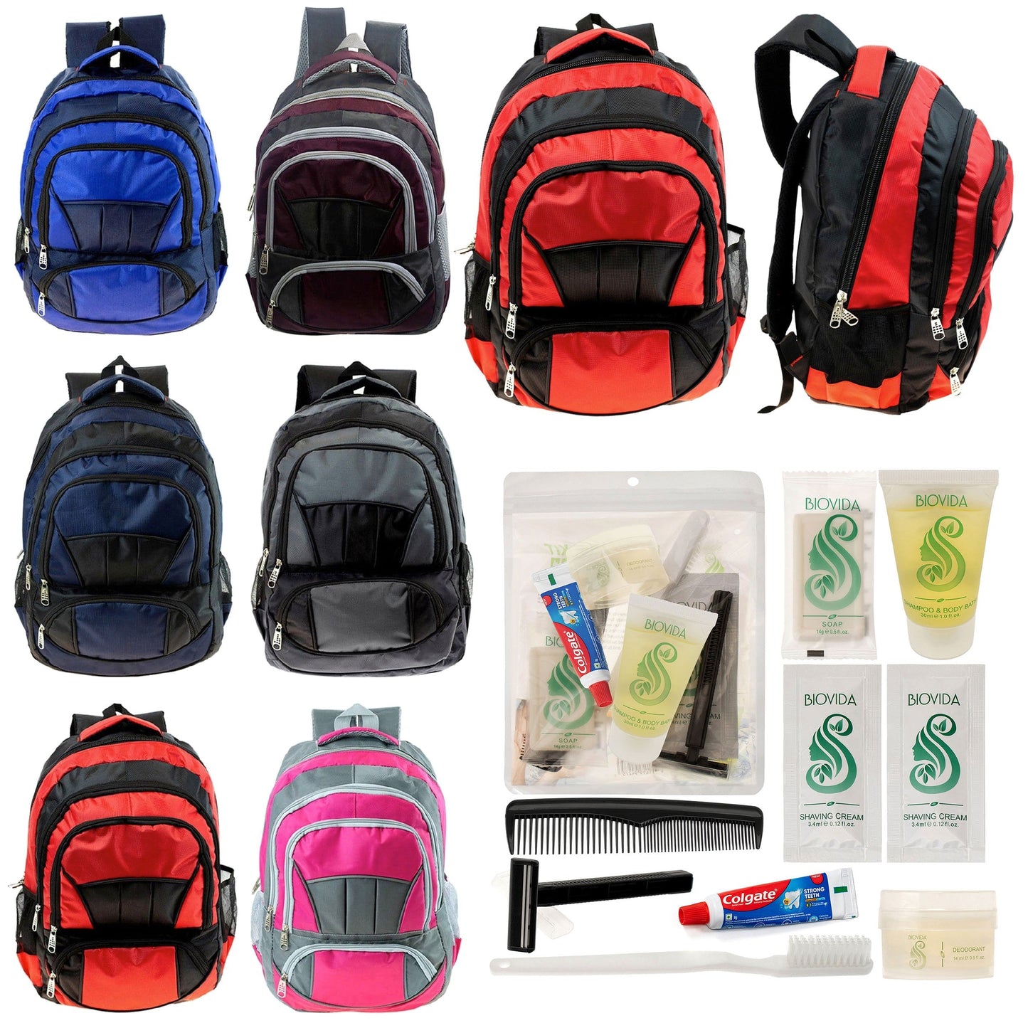 12 Premium 16 'Voll gepolsterte Rucksäcke & Ihre Wahl von 12 Bulk Hygiene Kits - Wholesale PFLEGE Package: Obdachlos, Notfall, Wohltätigkeit