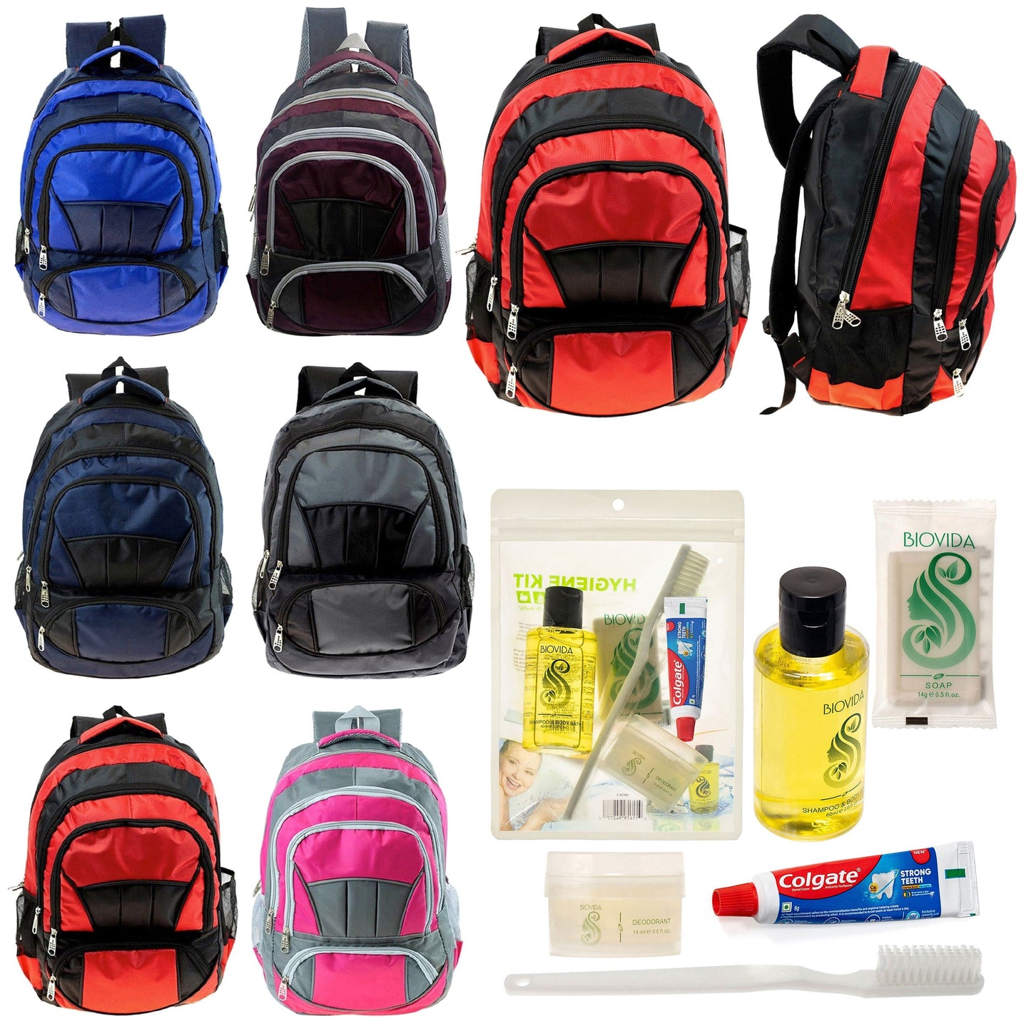 12 Premium 16 'Voll gepolsterte Rucksäcke & Ihre Wahl von 12 Bulk Hygiene Kits - Wholesale PFLEGE Package: Obdachlos, Notfall, Wohltätigkeit