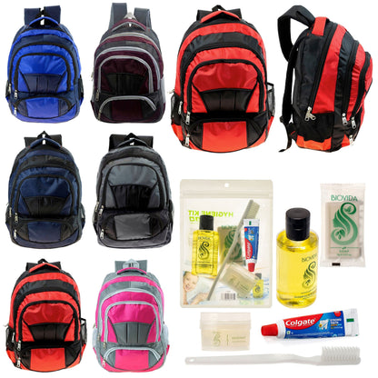 12 Premium 16 'Voll gepolsterte Rucksäcke & Ihre Wahl von 12 Bulk Hygiene Kits - Wholesale PFLEGE Package: Obdachlos, Notfall, Wohltätigkeit