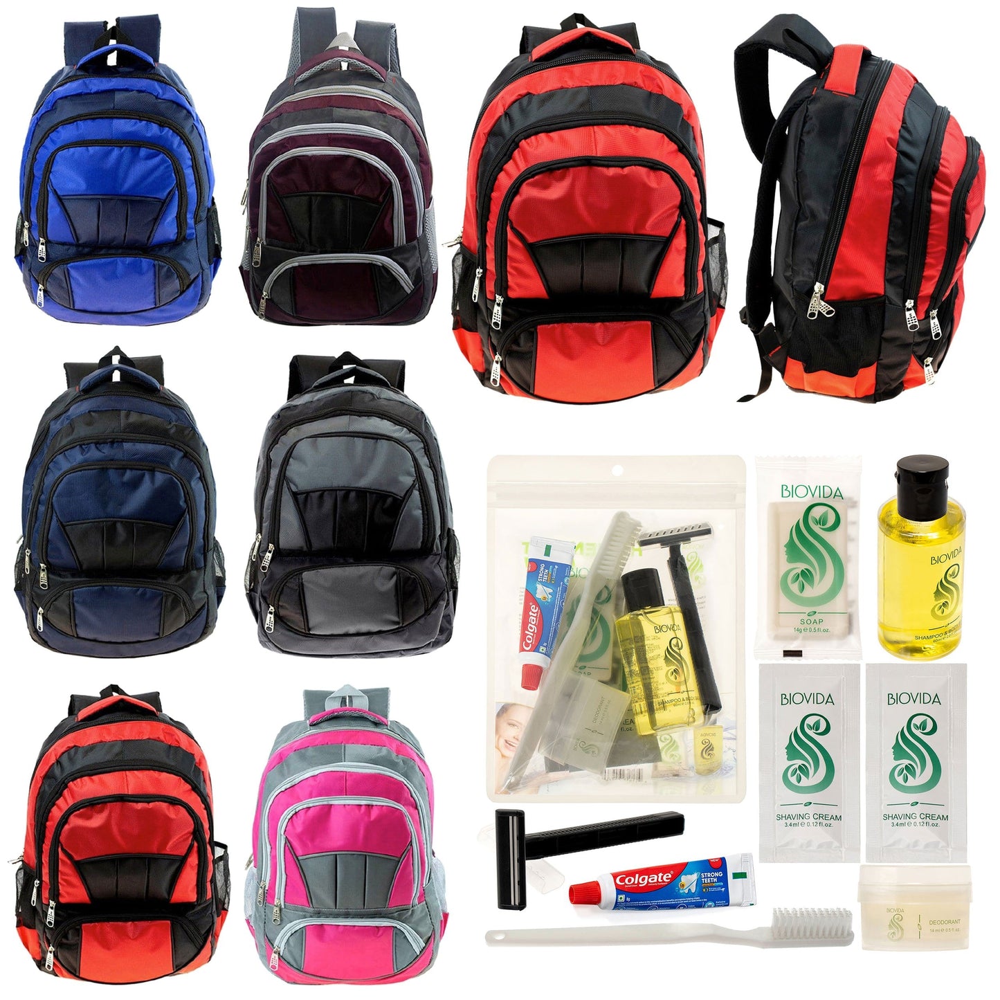 12 Premium 16 'Voll gepolsterte Rucksäcke & Ihre Wahl von 12 Bulk Hygiene Kits - Wholesale PFLEGE Package: Obdachlos, Notfall, Wohltätigkeit