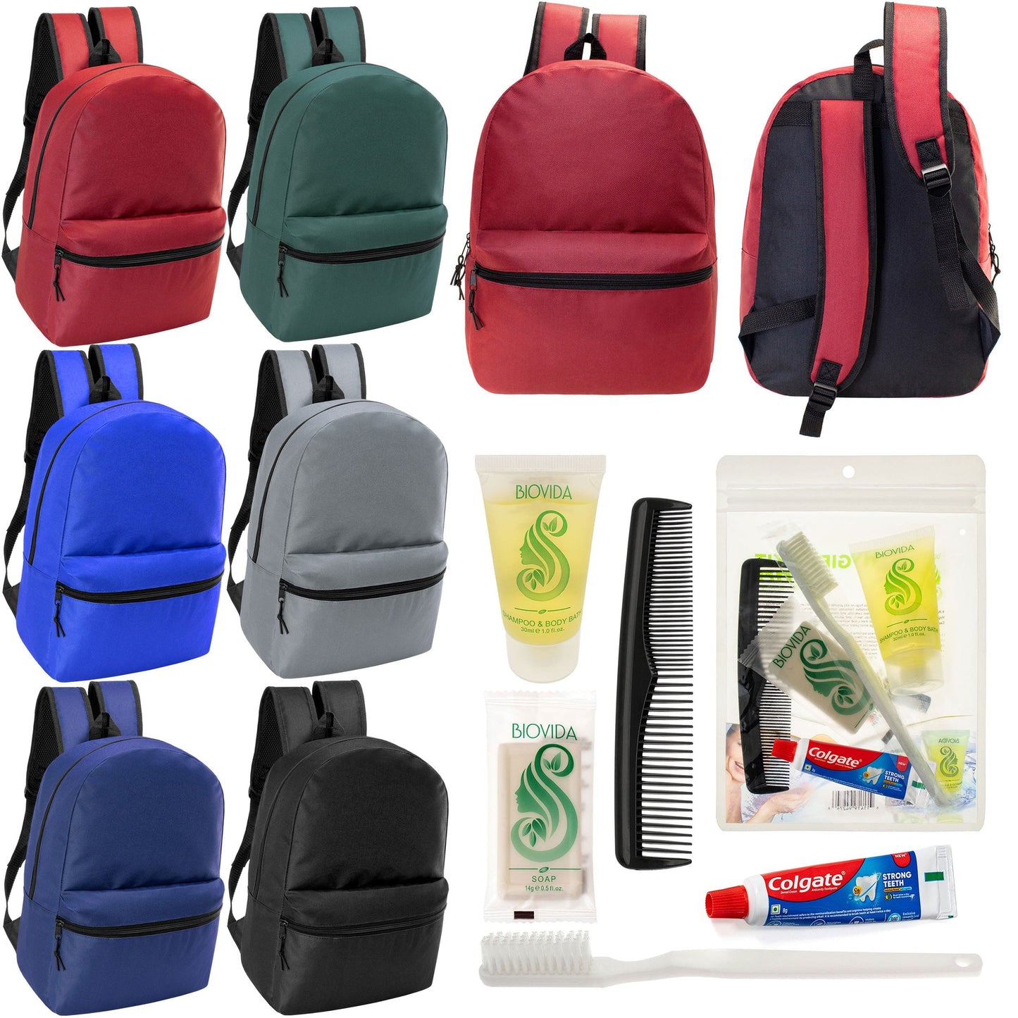 12 Basic 18,5 'Rucksäcke in 6 verschiedenen Farben & Ihre Wahl von 12 Bulk Hygiene Kits - Wholesale PFLEGE Package: Obdachlos, Notfall, Wohltätigkeit