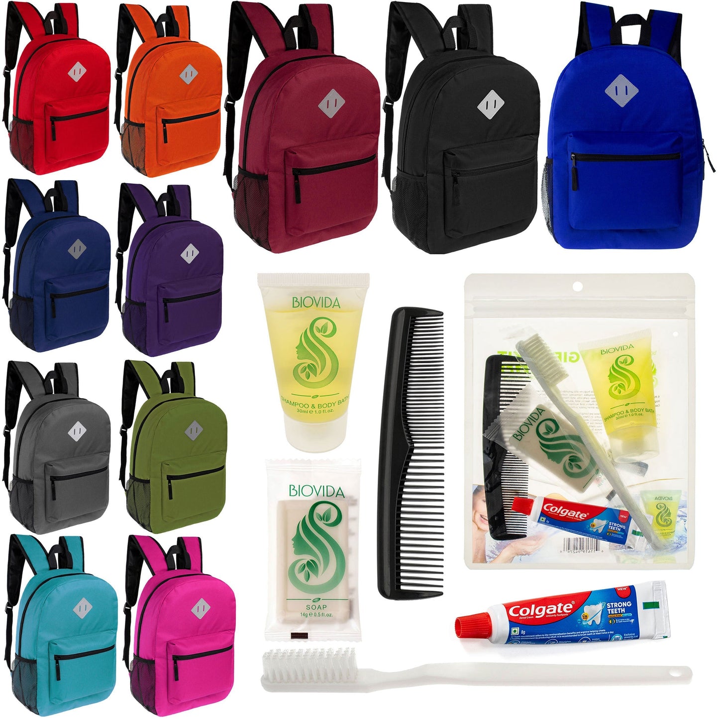 12 Diamond Patch 17 Rucksäcke in 11 Farben & Ihre Wahl von 12 Bulk Hygiene Kits - Wholesale PFLEGE Package: Obdachlos, Notfall, Wohltätigkeit