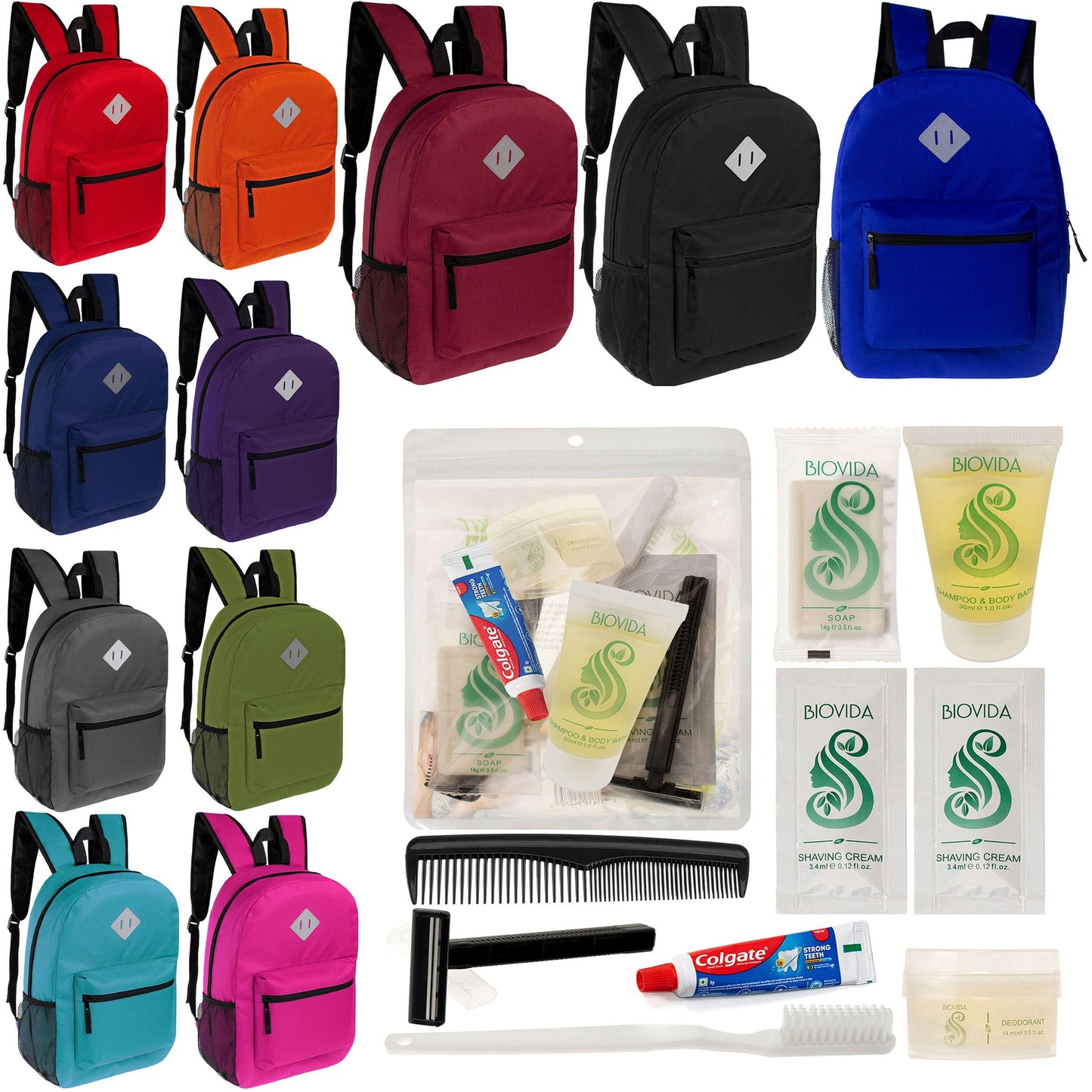 12 Diamond Patch 17 Rucksäcke in 11 Farben & Ihre Wahl von 12 Bulk Hygiene Kits - Wholesale PFLEGE Package: Obdachlos, Notfall, Wohltätigkeit