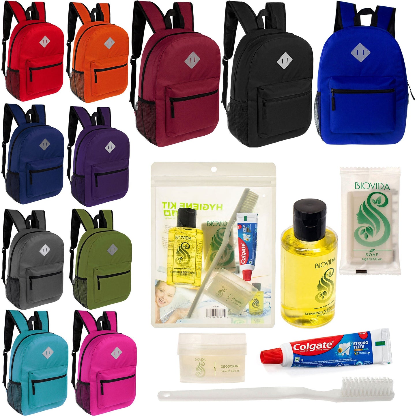 12 Diamond Patch 17 Rucksäcke in 11 Farben & Ihre Wahl von 12 Bulk Hygiene Kits - Wholesale PFLEGE Package: Obdachlos, Notfall, Wohltätigkeit