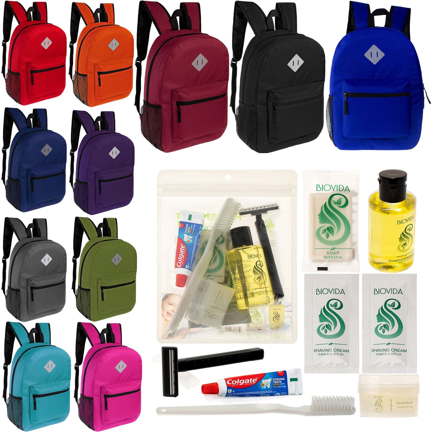 12 Diamond Patch 17 Rucksäcke in 11 Farben & Ihre Wahl von 12 Bulk Hygiene Kits - Wholesale PFLEGE Package: Obdachlos, Notfall, Wohltätigkeit