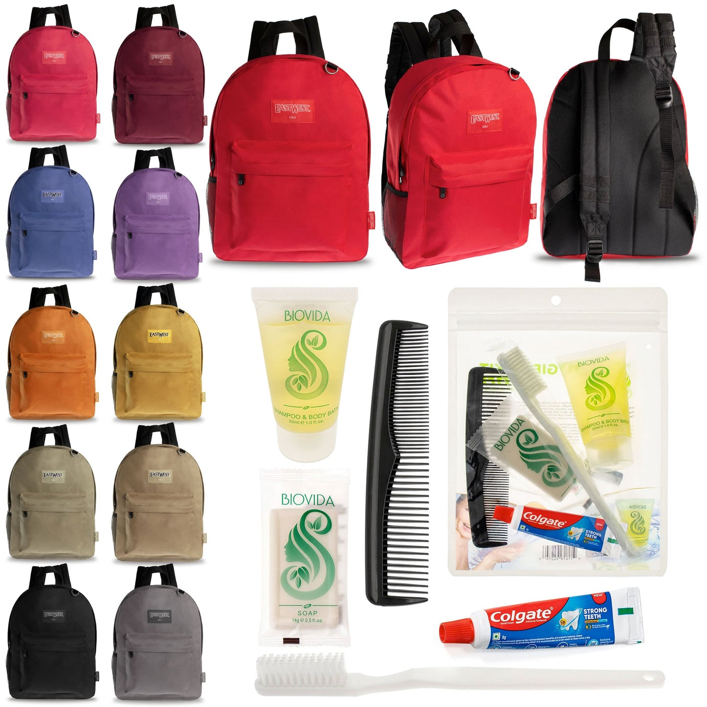 12 Diamond Patch 17 Rucksäcke in mehrfarbigen und Ihrer Wahl von 12 Bulk Hygiene Kits - Wholesale PFLEGE Package: Obdachlos, Notfall, Wohltätigkeit