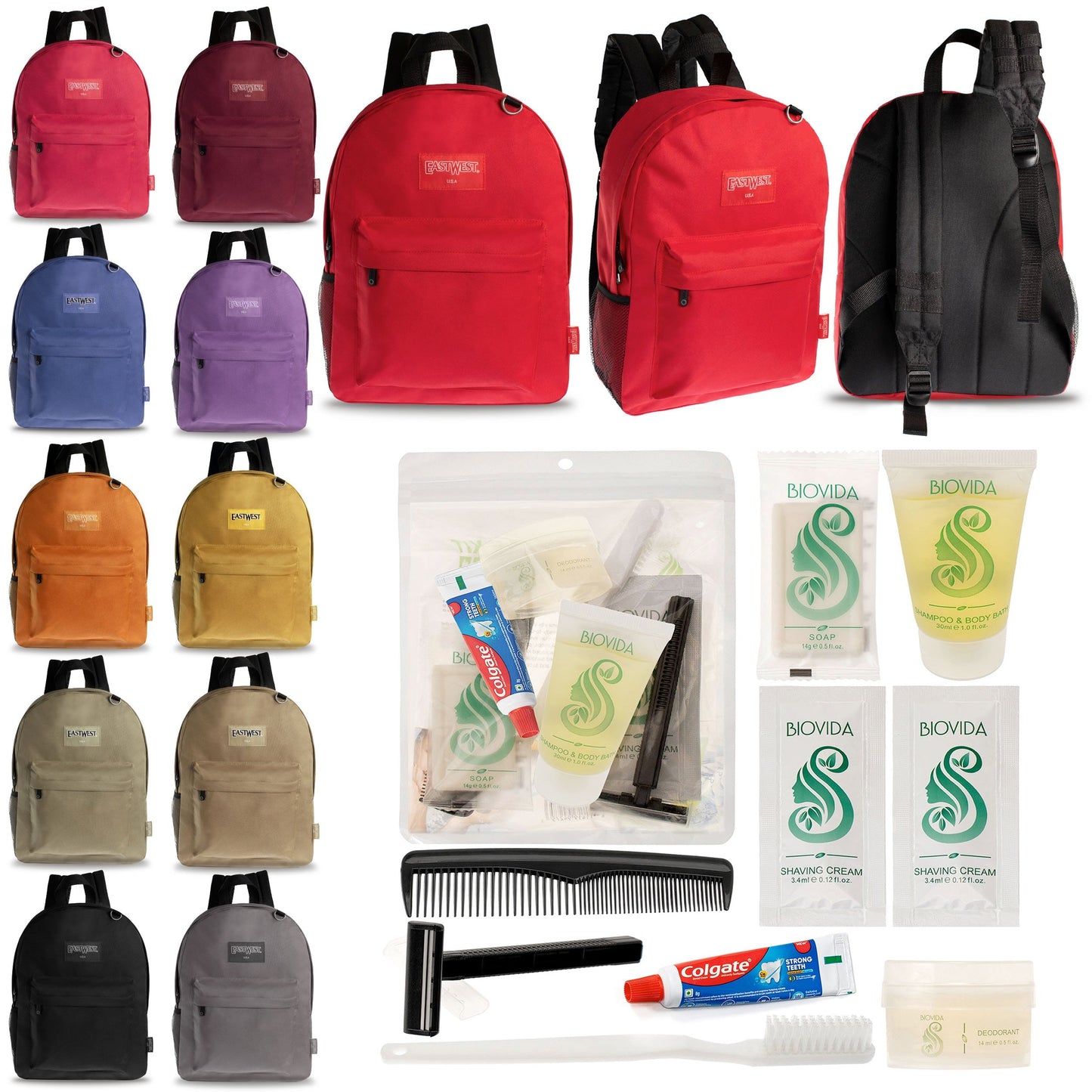12 Diamond Patch 17 Rucksäcke in mehrfarbigen und Ihrer Wahl von 12 Bulk Hygiene Kits - Wholesale PFLEGE Package: Obdachlos, Notfall, Wohltätigkeit