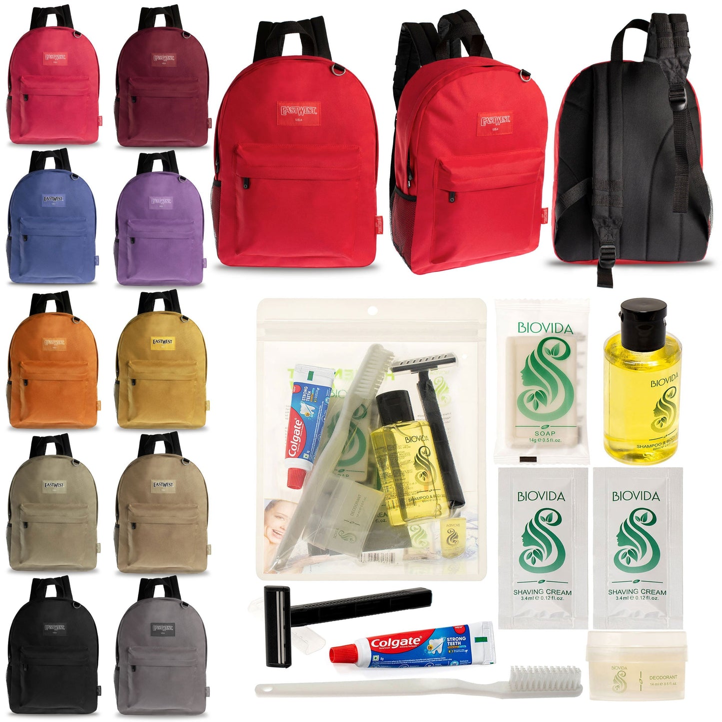 12 Diamond Patch 17 Rucksäcke in mehrfarbigen und Ihrer Wahl von 12 Bulk Hygiene Kits - Wholesale PFLEGE Package: Obdachlos, Notfall, Wohltätigkeit