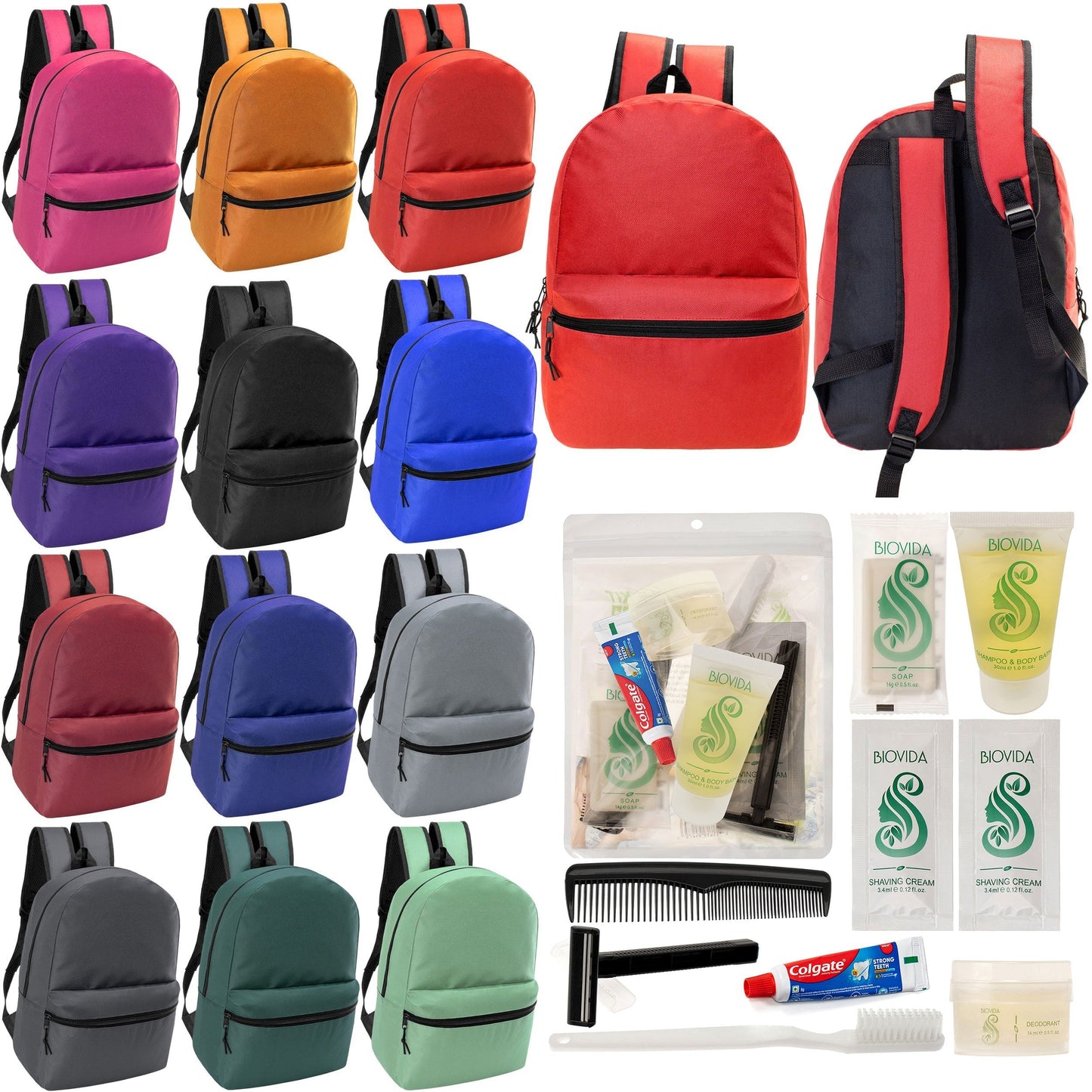 12 Basic 18,5 'Rucksäcke in 12 verschiedenen Farben & Ihre Wahl von 12 Bulk Hygiene Kits - Wholesale PFLEGE Package: Obdachlos, Notfall, Wohltätigkeit