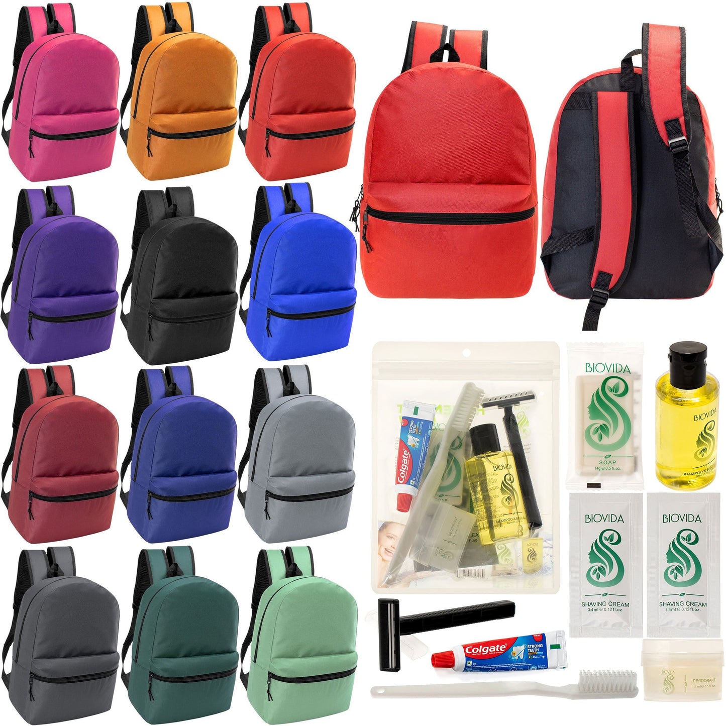 12 Basic 18,5 'Rucksäcke in 12 verschiedenen Farben & Ihre Wahl von 12 Bulk Hygiene Kits - Wholesale PFLEGE Package: Obdachlos, Notfall, Wohltätigkeit