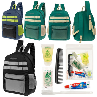 12 Multi-Color 17 'Rucksäcke mit Accent Trim & Ihre Wahl von 12 Bulk Hygiene Kits - Wholesale PFLEGE Package: Obdachlos, Notfall, Wohltätigkeit