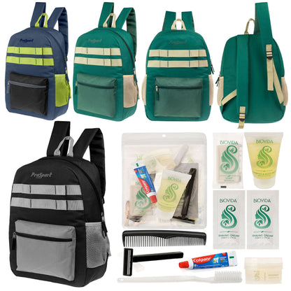 12 Multi-Color 17 'Rucksäcke mit Accent Trim & Ihre Wahl von 12 Bulk Hygiene Kits - Wholesale PFLEGE Package: Obdachlos, Notfall, Wohltätigkeit